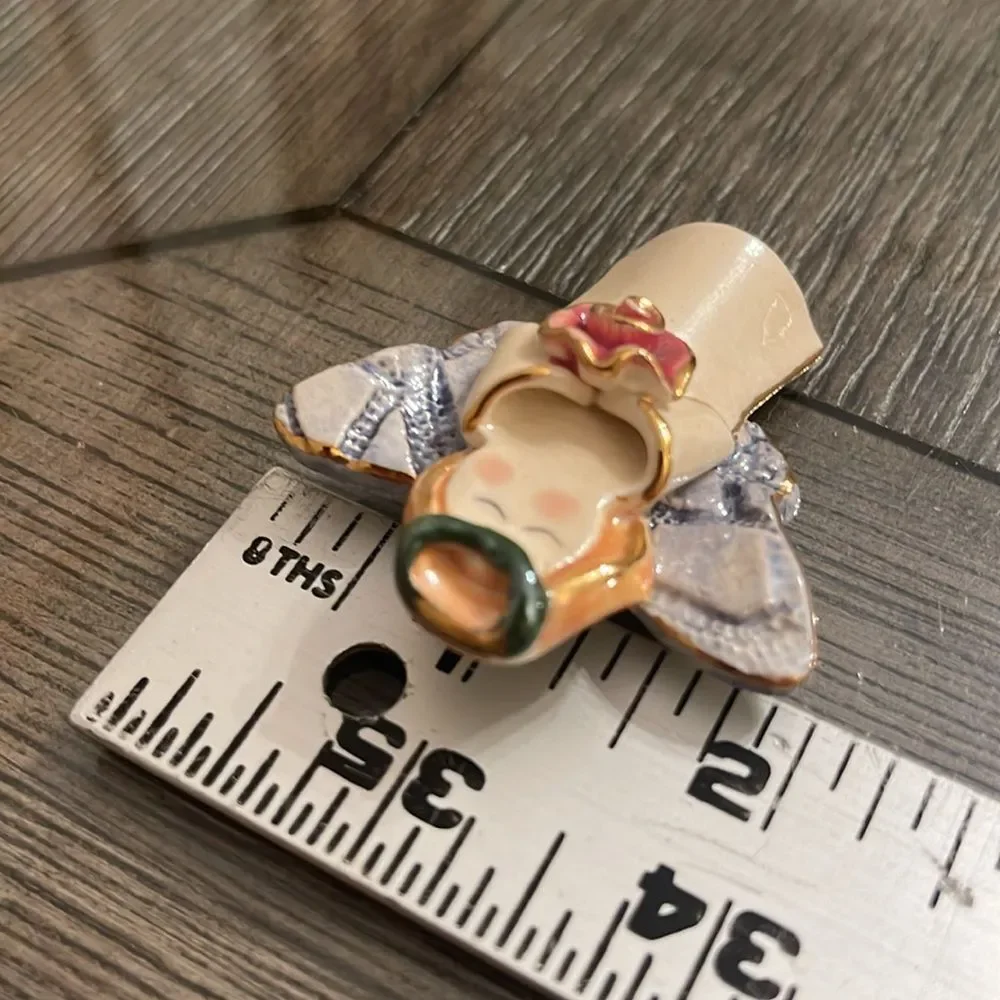 Vintage Ceramic Lusterware Angel with Rose Brooch Lapel Pin